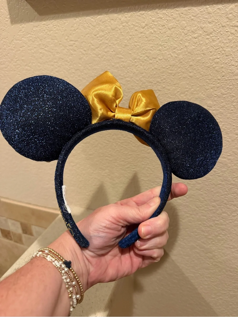 Disney Navy Sequin Minnie Ears Headband with Gold Bow